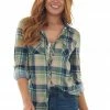 Fashion Cargo Tops Pistachio And Navy Plaid Top With Chest Pocket