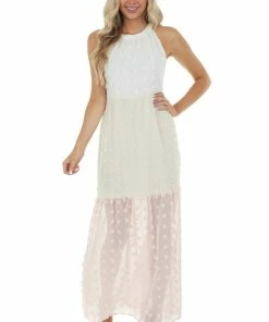 Andree Ivory Colorblock Swiss Dot Maxi Dress