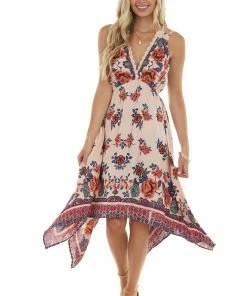 ANGIE Dresses Peach And Cobalt Floral Sleeveless Midi Dress