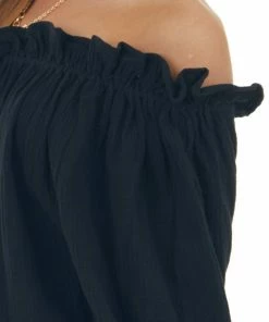 Newbury Kustom Tops Black Textured Off Shoulder Frill Blouse