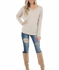 HOPELY Heathered Oatmeal V Neck Knit Top With Long Dolman Sleeves Tops