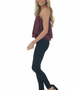 She + Sky Wine Velvet Leopard Print Sleeveless Top