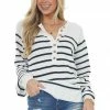 Cezele Off White Striped Half Button Up Knit Sweater