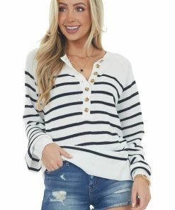 Cezele Off White Striped Half Button Up Knit Sweater