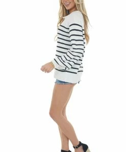 Cezele Off White Striped Half Button Up Knit Sweater