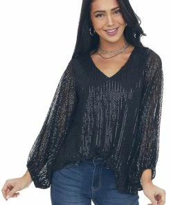 Vine & Love Black Sequin Long Bubble Sleeve Blouse