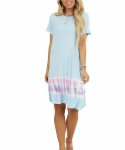 FSL APPAREL Dresses Baby Blue Tie Dye Short Sleeve Swing Knit Dress With Pockets