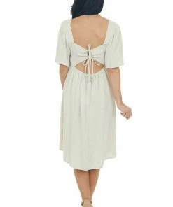 Umgee Oatmeal Smocked Flutter Sleeve Linen Dress