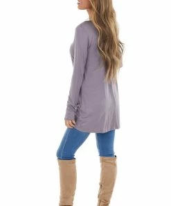 Kye Mi Lavender Knit Long Sleeve Top With Hem Twist Detail