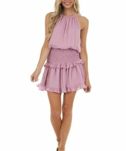 Do + Be Bright Mauve Halter Mini Dress With Smocked Ruffle Detail 14 Do + Be Bright Mauve Halter Mini Dress With Smocked Ruffle Detail