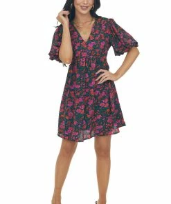 Entro Black Floral Print Puff Sleeve Mini Dress Dresses