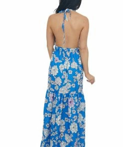 Honey Peach Cobalt Blue Floral Print Maxi Dress Dresses