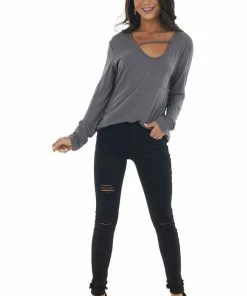 La Miel Tops Charcoal Long Sleeve V Neck Cut Out Knit Top