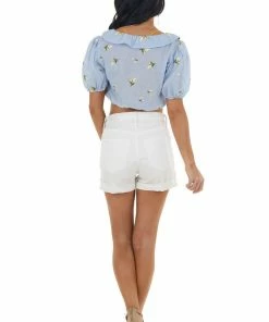 Emory Park Slate Pinstripe Floral Embroidered Cropped Top Tops