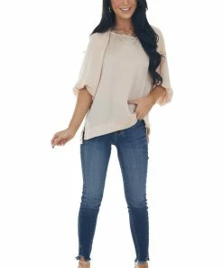 Umgee Tops Tea Rose Puff Sleeve Blouse With Side Slits