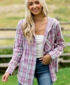 Hem & Thread Tops Orchid Plaid Print Shirt Jacket With Hoodie