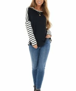 Lovely Melody Tops Black And Ivory Striped Long Sleeve Top With Solid Front 29 Lovely Melody Tops Black And Ivory Striped Long Sleeve Top With Solid Front