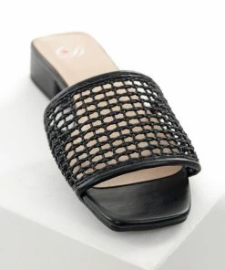 FORTUNE DYNAMIC Black Loose Woven Strap Slip On Sandals With Low Heel