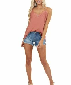 STYLE U Terracotta Tank Top With Lace Details And Adjustable Straps Tops