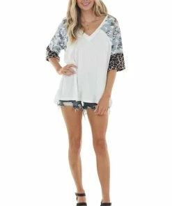 POL Clothing Ivory Super Soft Knit Top With 3/4 Length Multiprint Sleeves 28 POL Clothing Ivory Super Soft Knit Top With 3/4 Length Multiprint Sleeves