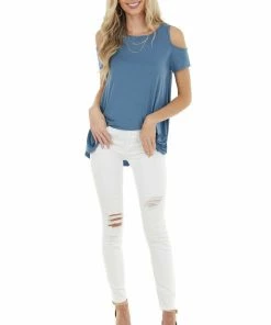 CY Fashion Tops Ocean Blue Cold Shoulder Top With Criss Cross Back Detail