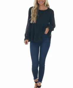 Andree Tops Black Striped Bubble Sleeve Tiered Blouse