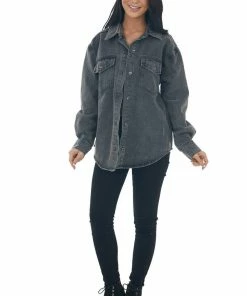 Blu Pepper Outerwear Faded Black Denim Button Front Jacket