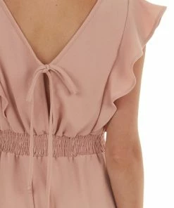 Ces Femme Dusty Peach Smocked Side Ruffle Woven Romper Dresses