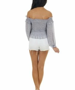 She + Sky Tops Lavender Ditsy Floral Off Shoulder 3/4 Sleeve Smocked Top 29 She + Sky Tops Lavender Ditsy Floral Off Shoulder 3/4 Sleeve Smocked Top