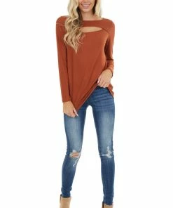 BiBi Tops Terracotta Soft Ribbed Long Sleeve Top With Neckline Cutout
