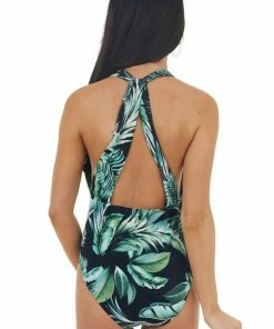 Beach Joy Bikini Black Tropical Print Plunging Neckline One Piece Swimsuit Accessories