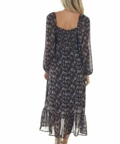 143 Story Dresses Cocoa Brown Floral Bubble Sleeve Midi Dress