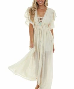 Peach Love Dresses Cream Button Front Plunging V Neck Maxi Dress