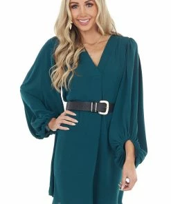 Jodifl Dark Pine Long Bubble Sleeve V Neck Soft Woven Short Dress Dresses