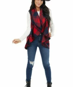 HYFVE Cherry And Navy Open Front Plaid Print Vest With Lapel Outerwear