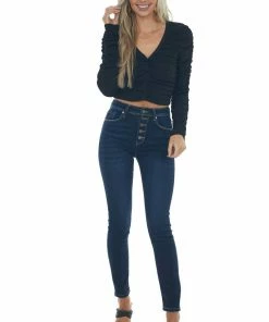 LE LIS Black Long Sleeve Ribbed Knit Ruched Crop Top