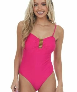 Davi & Dani Magenta Strapless Swimsuit With Gold Bar Detail