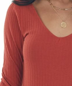 Heart & Hips Rust Stretchy Ribbed V Neck Fitted Bodysuit Tops 24 Heart & Hips Rust Stretchy Ribbed V Neck Fitted Bodysuit Tops