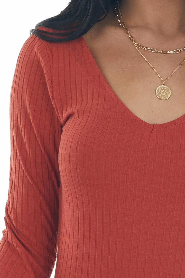 Heart & Hips Rust Stretchy Ribbed V Neck Fitted Bodysuit Tops 11 Heart & Hips Rust Stretchy Ribbed V Neck Fitted Bodysuit Tops