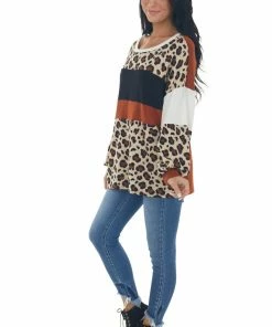 Haptics Tops Rust And Leopard Print Long Sleeve Knit Top