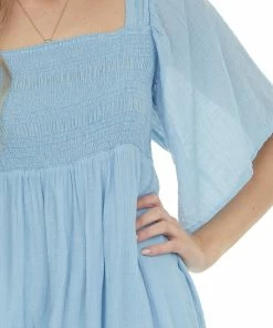 Umgee Powder Blue Babydoll Short Dress With Flutter Sleeves Dresses