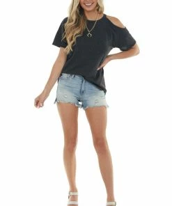 HEIMISH Charcoal Short Sleeve Cold Shoulder Stretchy Knit Top Tops