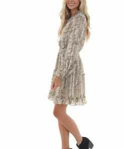 Main Strip Champagne Snake Print Smocked Waist Mini Dress Dresses