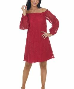 SugarFox Crimson Off The Shoulder Lace Short Dress
