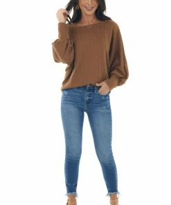 143 Story Tops Sepia Textured Knit Banded Dolman Sleeve Top