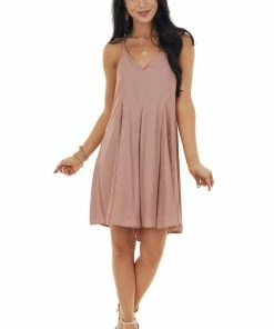 Entro Dusty Rose Large Pleat Sleeveless Cami Dress With V Neck Dresses