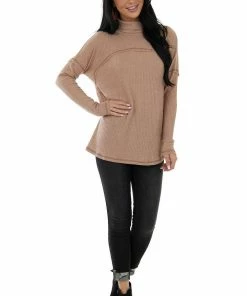 143 Story Tops Dusty Apricot Turtleneck Ribbed Knit Top