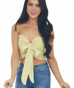 Blue Buttercup Straw Strapless Smocked Woven Crop Top With Tie Detail