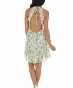 Peach Love Off White And Sage Floral Print Short Dress