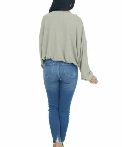 Wishlist Olive Green Long Bubble Sleeve Stretchy Ribbed Knit Top Tops